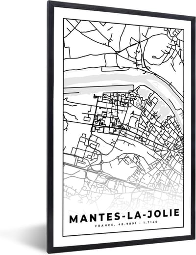 Fotolijst incl. Poster Zwart Wit- Frankrijk - Plattegrond - Stadskaart - Kaart - Mantes-la-Jolie - Zwart wit - 40x60 cm - Posterlijst