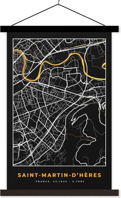 Posterhanger incl. Poster 40x60 cm - Schoolplaat - Frankrijk - Saint-Mirtin-d'Hères - Stadskaart - Kaart - Plattegrond - Textielposter - Zwarte latten - Stadskaart