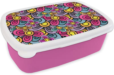 Broodtrommel Roze - Lunchbox Patroon - Hippie - Bloemen - Paars - Brooddoos 18x12x6 cm - Brood lunch box - Broodtrommels voor kinderen en volwassenen