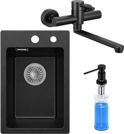 CECIPA max Spoelbak Keuken 30x45cm - Granieten Spoelbakken Zwart - Spoelbakken Keuken Met Wandmontage Keukenkraan en Zeepdispenser 300ML - Wasbak Keuken