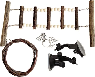 Vogelladder Klimtouw - Houten Speeltoestel - Vogelkooi Verrijking - Zuignap Bevestiging - 20x19x6.5 cm - Natuurlijk Hout