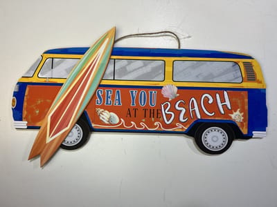 Retro Bus bord met surfplank see you at the beach ! surf bus wandbord