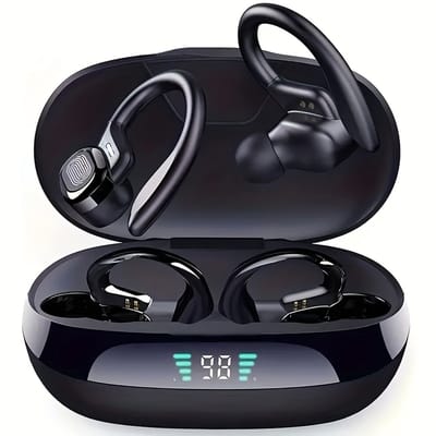 Draadloze Bluetooth-oordopjes met ENC-microfoon (ruisonderdrukking), sportieve oorhaakjes, stereo in-ear hoofdtelefoon, oplaadcase met LED-display, TWS-oordopjes - Zwart