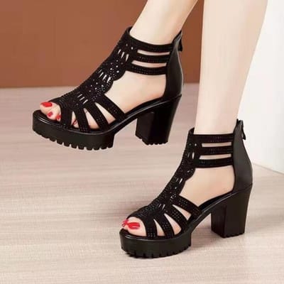 Sandales de gladiateur à talons hauts pour femmes, chaussures à tête ouverte, Sexy, Rivet, talon bloc, plateforme, fermeture éclair au dos, taille 35 à 40, été 35 noir