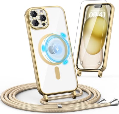 Casemania Hoesje en Glas Geschikt voor Apple iPhone 16 Pro - Goud - Siliconen Back Cover met Koord Geschikt voor Magsafe + Glazen Screenprotector - Telefoonhoesje met Koord - Crossbody Lanyard Cord Case