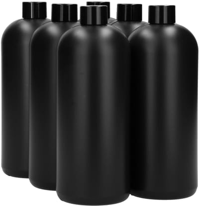 6 x 1000 ml ronde fles HDPE zwart + Schroefdop zwart - BPA Vrij - Niet Breekbaar - Plastic Flesjes Navulbaar - Met Dop - Lege Flessen - 6 stuks