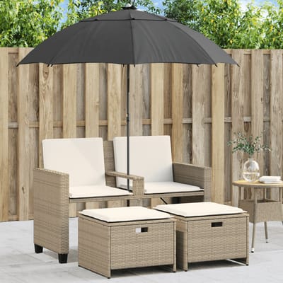 vidaXL - Tuinbank - 2-zits - met - parasol - en - voetenbanken - poly - rattan - beige
