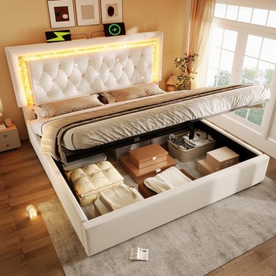BLACKCOLORS Gestoffeerd bed 180x200 cm Tweepersoonsbed van fluweel met diamantvormige ledstrip, USB- en Type-C-oplaadstation, hydraulische opbergruimte, modern bed voor tieners met lattenbodem, beige (zonder matras)