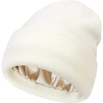 Unisex satijnen gevoerde antistatische muts voor vrouwen Winter zijden voering Slouchy warme omslag Skullies Outdoor Cap wit