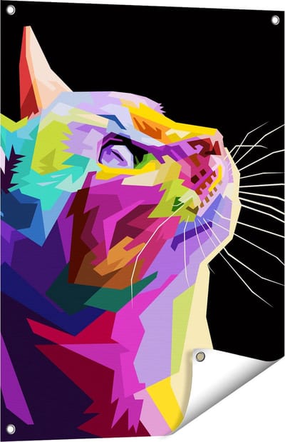 Gards Tuinposter Kleurrijke Kat Kijkt naar Boven - Abstract - 60x80 cm - Tuindoek - Tuindecoratie - Wanddecoratie buiten - Tuinschilderij