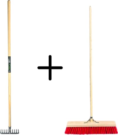 Synx Tools Tuinhark 10 Tanden verzinkt + Nylon Straatbezem 50 cm – Kunststof haren - Bodembewerkers - Onkruidverwijderaar – Schrobborstels – Hark met steel 150 cm – Buitenbezem met steel 160 cm
