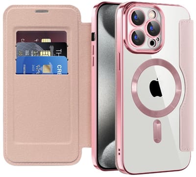 Dailygoods- Telefoonhoes iPhone 15 Pro Max - Klaphoes met Kaartenvak - Transparante Lederen Flip - RFID-Blokkering - Draadloos Opladen - Schokbestendig TPU-frame - Smartphonehoes