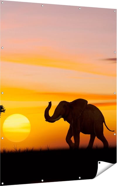 Gards Tuinposter Olifant Silhouet tijdens Zonsondergang - 120x160 cm - Tuindoek - Tuindecoratie - Wanddecoratie buiten - Tuinschilderij