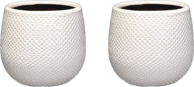 Mica Decorations Bloempot - Set van 2x stuks - wit - keramiek - ribbels - D14 x H12 cm - plantenpotten
