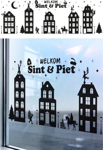 Welkom Sint en Piet zelfklevende raamsticker zwart 150 x 50 cm - Sinterklaas feestversiering/raamdecoratie