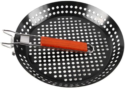 Dailygoods- Grillpan 30 cm - Geperforeerd oppervlak - Antiaanbaklaag - Inklapbare houten handgreep - Draagbaar - Voor buitenbarbecue - Grillplaat