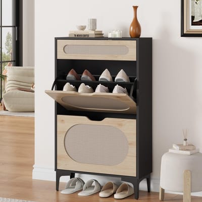 Schoenenkast met 2 Kleppen en 1 Lade - 60x24x102cm - Schoenenrek Rattan Front - Schoenenmeubel - Verstelbare Planken - Voor Hal En Woonkamer - Zwart