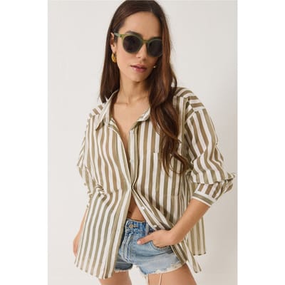 Oversized Gestreepte Poplin Shirt met Pocketdetail