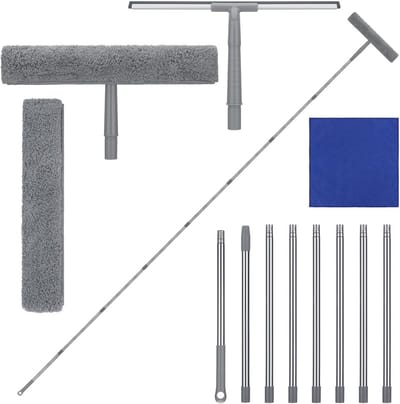 2-in-1 Raamreinigingsset met Telescoopstang en Raamwisser voor Streeploos Poetsen van Glas en Spiegels