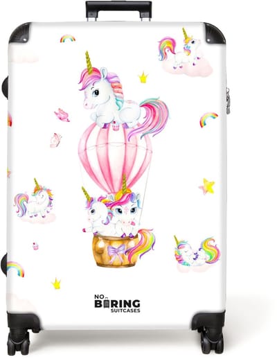 NoBoringSuitcases.com® - Koffer groot - Reiskoffer lichtgewicht - Unicorn - Regenboog - Luchtballon - Sterren - Roze - Meiden - Rolkoffer met 4 wielen - Grote trolley XL - 98 liter bagage