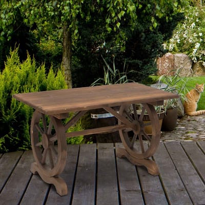 Gartentafel Hout - Massief Houten Balkontafel Met Wagenwiel Design - Weerbestendige Terrastafel Naturel 110x60x65 cm - Rustieke Tuin Tafel