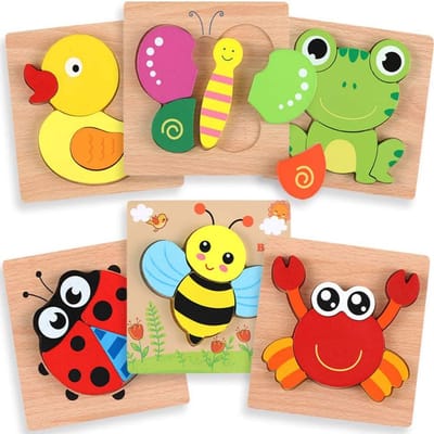 6-pack kleurrijke houten dierenpuzzels voor kinderen vanaf 3 jaar, educatief