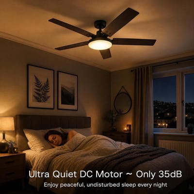Plafondventilator met dimbare LED-verlichting 107cm zwart houtnerf, stille DC-motor 6+1 snelheden, zomer/winterstand, timer geheugen en afstandsbediening, 5 draaibare vleugels