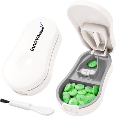 Pillensnijder met Pillendoosje – Veilig Afgeschermd Mes – Geschikt voor Elke Pillenvorm – Volledig Afwasbaar – BPA-vrij – Wit