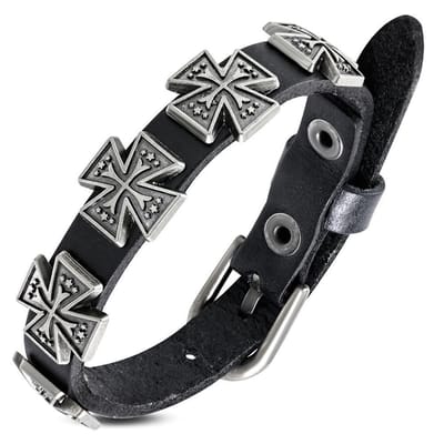 Amanto Armband Aissa Small - Leer - Studs - Kruis - 15mm - Aanpasbaar
