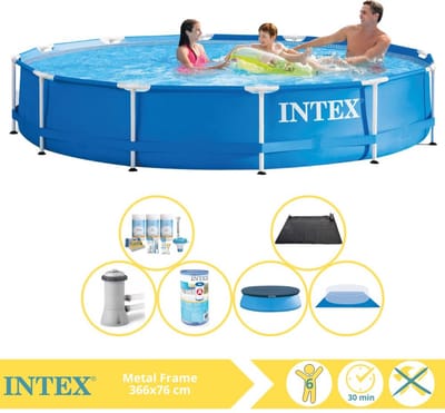 Intex Rond Frame Zwembad - 366 x 76 cm - Blauw - Inclusief Afdekzeil - Onderhoudspakket - Zwembadfilterpomp - Filter - Grondzeil - Solar Mat - 7-delig