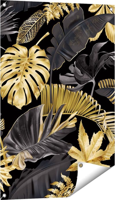 Gards Tuinposter Gouden Tropische Bladeren - 60x90 cm - Tuindoek - Tuindecoratie - Wanddecoratie buiten - Tuinschilderij