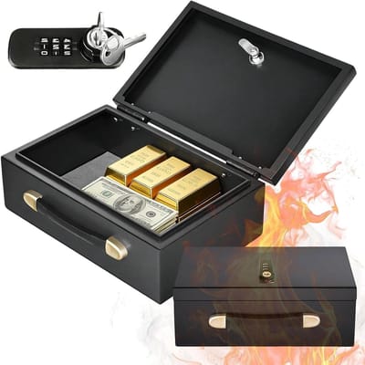 Draagbare Brandkluis - Metalen Veiligheidskluis - Waardevolle Spullen Bewaren - Dubbel Slot Systeem - A4 Formaat - Zwart
