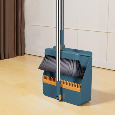 Huishoudelijke opvouwbare staande bezem met tanden Plastic zachte haarbezem stoffer en blik set blauw