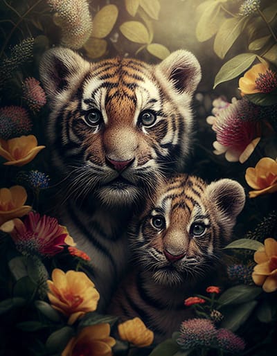 AI - Woondecoratie - Poster - Dieren - Tijger - Bloemen en jungle - 42 - 70 x 100 cm