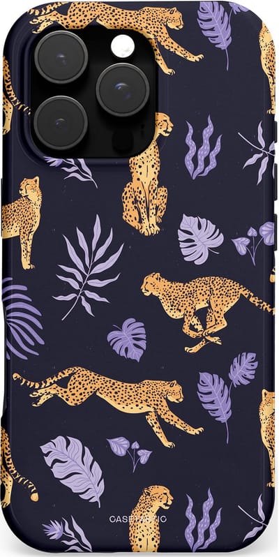 Casetastic hoesje geschikt voor Apple iPhone 16 Pro - MagSafe - Dubbellaagse bescherming - Cheetah charisma - Fashion Case - Donkerblauw Lavendel Taupe Perzik