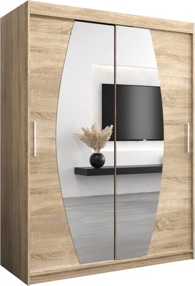 InspireMe - Kledingkast met 2 schuifdeuren, Modern-stijl, Een kledingkast met planken en een spiegel (BxHxD): 150x200x62 - GLOBE 150 Sonoma Eik