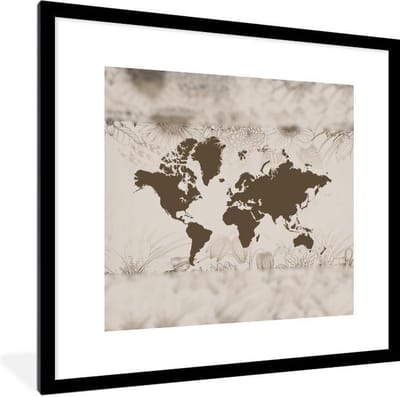 Poster in lijst - Fotolijst 40x40 cm - Posters - Wereldkaart - Bloemen - Groen - Posterlijst zwart - Decoratie - Wanddecoratie woonkamer - Muurdecoratie slaapkamer