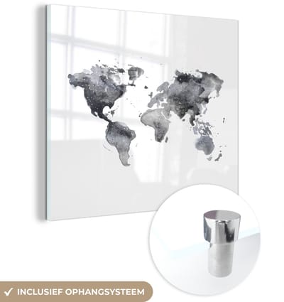 ® Glasschilderij 90x90 cm - Schilderij acrylglas - Wereldkaart - Waterverf - Zwart Wit - Foto op glas - Muurdecoratie woonkamer - Wanddecoratie slaapkamer - Schilderijen
