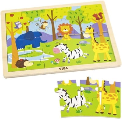 Houten Puzzel Jungle Dieren voor Peuters met 24 Stuks en Dienblad