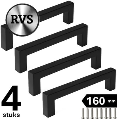 4 X MSQDESIGN Handgrepen RVS zwart - Boormaat 160mm - zwarte Handgreep voor Keuken & Kast - Moderne Meubelgreep - Keukengreep Mat zwart -Kastgrepen- zwarte Greepjes Keuken - zwarte RVS Handvatten - Deurgreepjes -incl schroevene