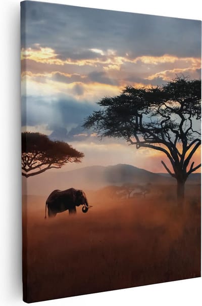 Artaza Canvas Schilderij Afrika - 40x50 cm - Wanddecoratie Olifant - Muurdecoratie Boom - Kamer Accessoires