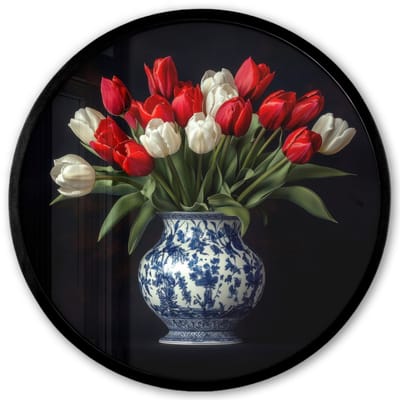 Poster in lijst Rond - Fotolijst 40x40 cm - Posters - Rode - Bloemen - Tulpen - Vaas - Ronde posterlijst zwart - Decoratie - Wanddecoratie woonkamer - Muurdecoratie slaapkamer
