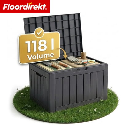 Floordirekt Tuinbox in houtlook - Antraciet - 56 x 43 x 53 cm (118 L) - Weerbestendige Kussenbox voor Terras & Balkon - 118L / 270L / 300L - Weerbestendig Polypropyleen - Ideaal voor Buitengebruik in Antraciet & Bruin