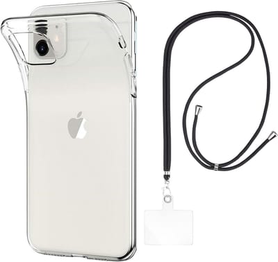 Set met hoesje en nekband voor iphone 11 - Flexibele, transparante TPU-bescherming, verstelbare universele nekband voor mobiele telefoons, zwarte nekband, transparante draagriem van Phonillico®