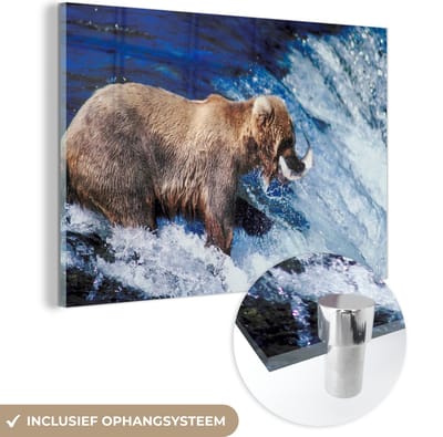 MuchoWow® Glasschilderij 60x40 cm - Schilderij acrylglas - Beer - Vis - Waterval - Foto op glas - Schilderijen