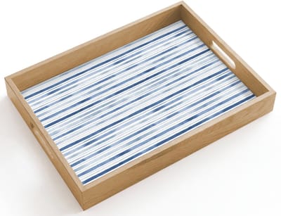 Dienblad hout 40x30 cm - Schootdienblad - Strepen - Patroon - Blauw - Wit - Borrelplank rechthoek - Plateau dienbladen