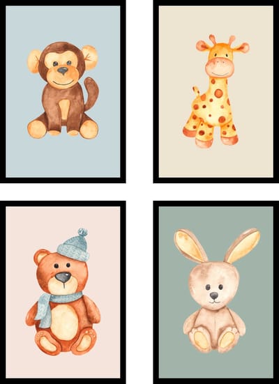 Poster Aapje, Beertje, Konijntje en Giraffe - Kinderkamer poster - Babykamer poster - Dieren poster - Kinderkamer decoratie - 21x30 cm - A4 - Exclusief lijsten - WALLLL