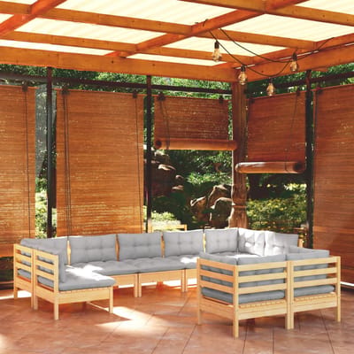 vidaXL - 9-delige - Loungeset - met - grijze - kussens - massief - grenenhout