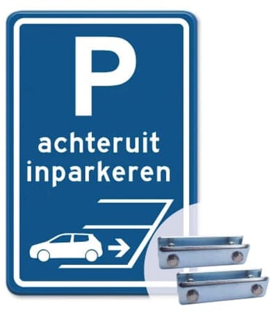 Parkeerbord Achteruit inparkeren - blauw - Weerbestendig Aluminium - 40x60 cm - Bevestiging: Met hekbeugels (voor spijlen- of gaashek)