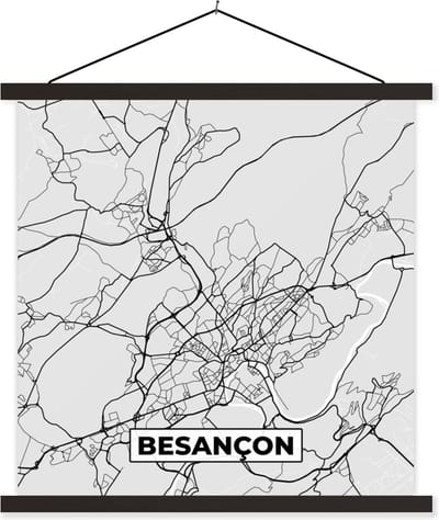 Posterhanger incl. Poster 60x60 cm - Schoolplaat - Frankrijk - Besançon - Stadskaart - Plattegrond - Kaart - Textielposter - Zwarte latten - Stadskaart